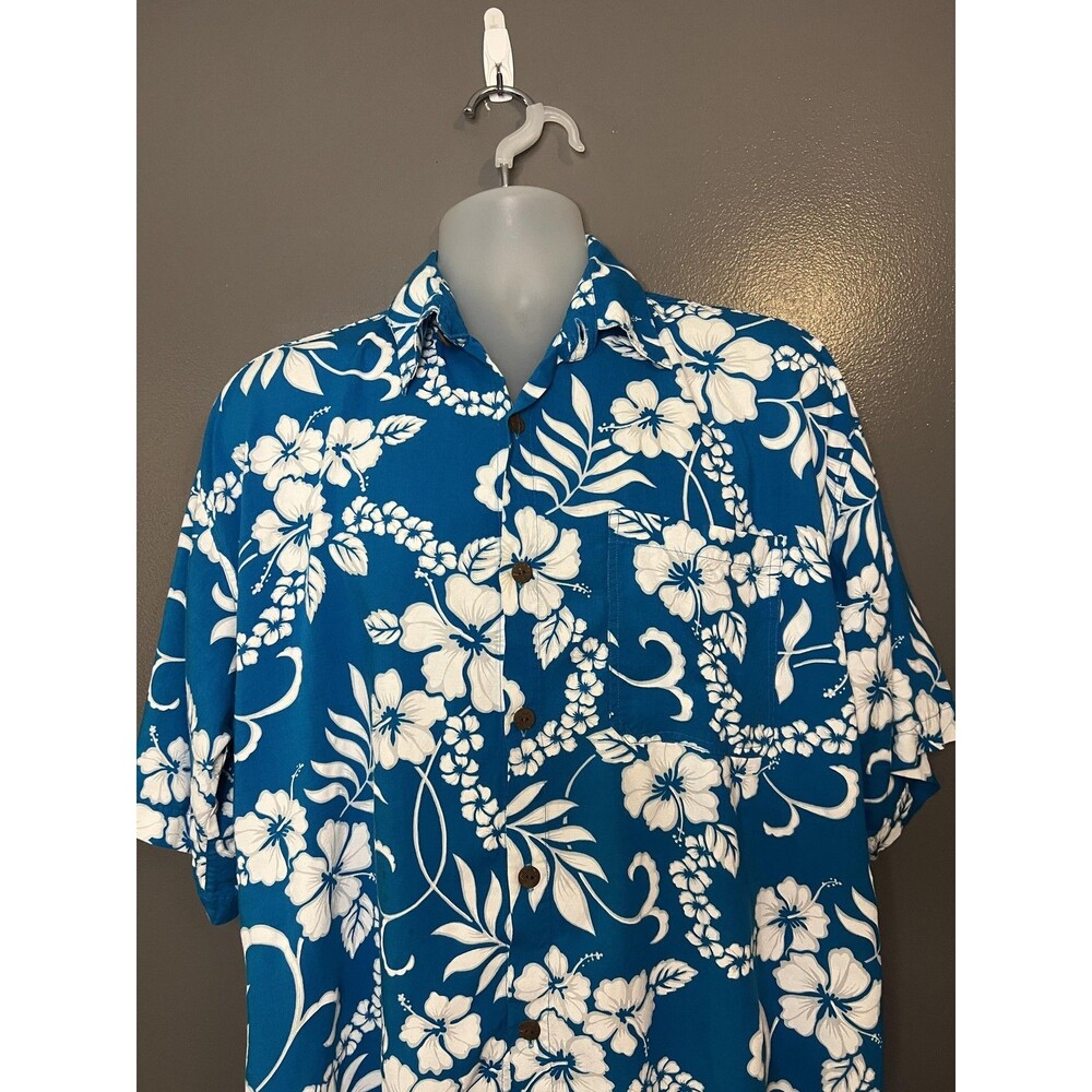 Uluwatu Bali Island Shirt Mens 2XL Blue Hawaiian Floral Rayon Aloha Button Up